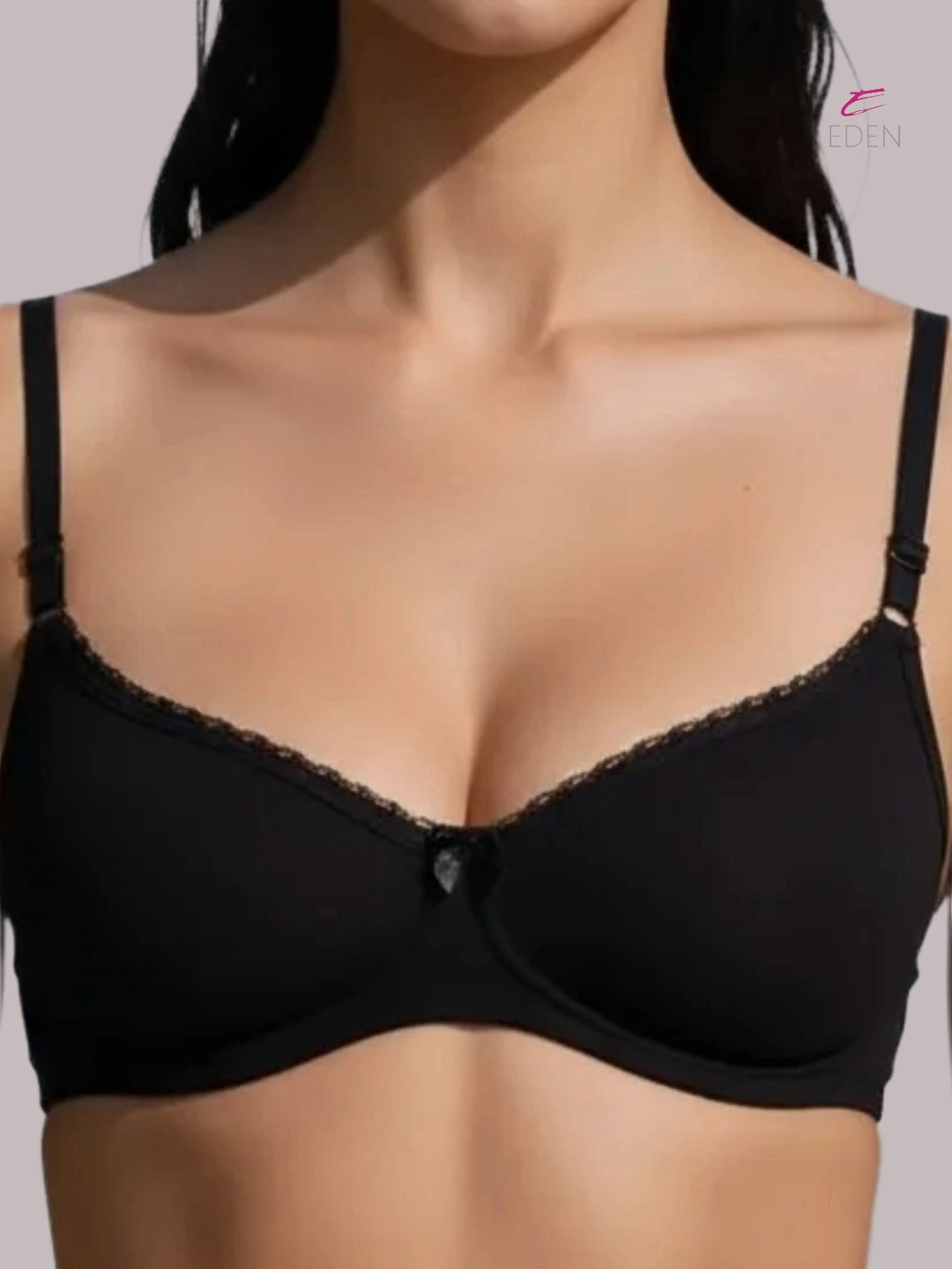 Wirefree, Padded, Plus Size, Cotton ,Medium Coverage ,Tshirt Bra, Lace Styling, Eden 109,Black