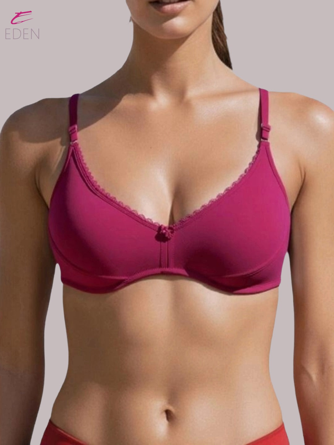 Wirefree ,Non Padded, Soft Cotton ,Medium Coverage, Tshirt Bra, Lace Styling,Magenta
