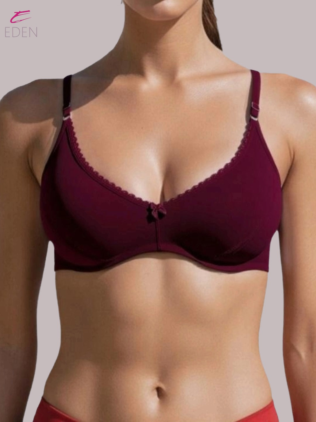 Wirefree ,Non Padded, Soft Cotton ,Medium Coverage, Tshirt Bra, Lace Styling,Maroon