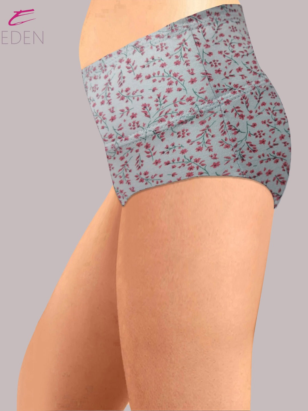 Eden High Rise ,Full Coverage Hipster, Panty,inner Elastic,Grey With Magenta Print