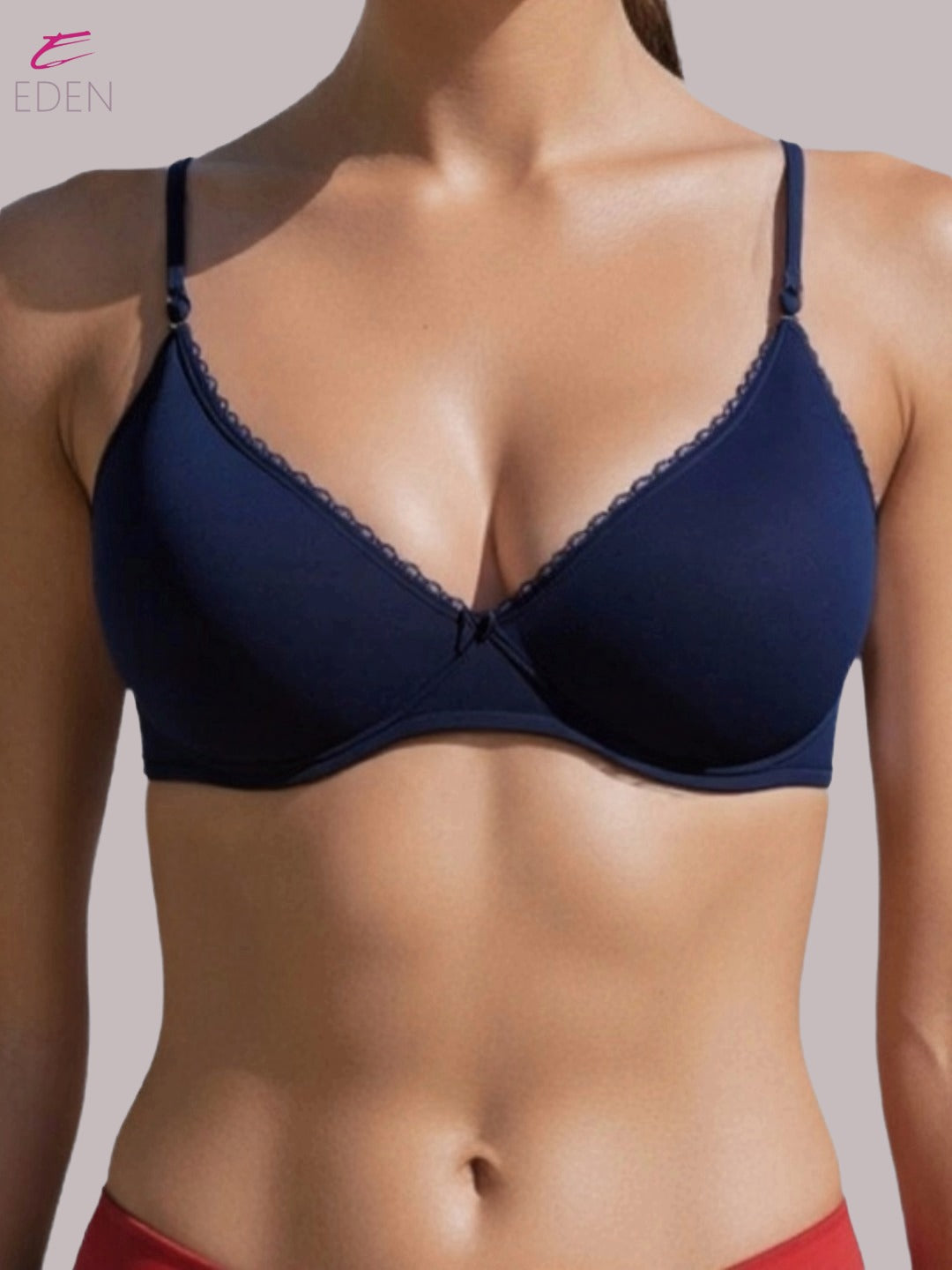 Wirefree ,Non Padded, Soft Cotton ,Medium Coverage, Tshirt Bra, Lace Styling,Navyblue