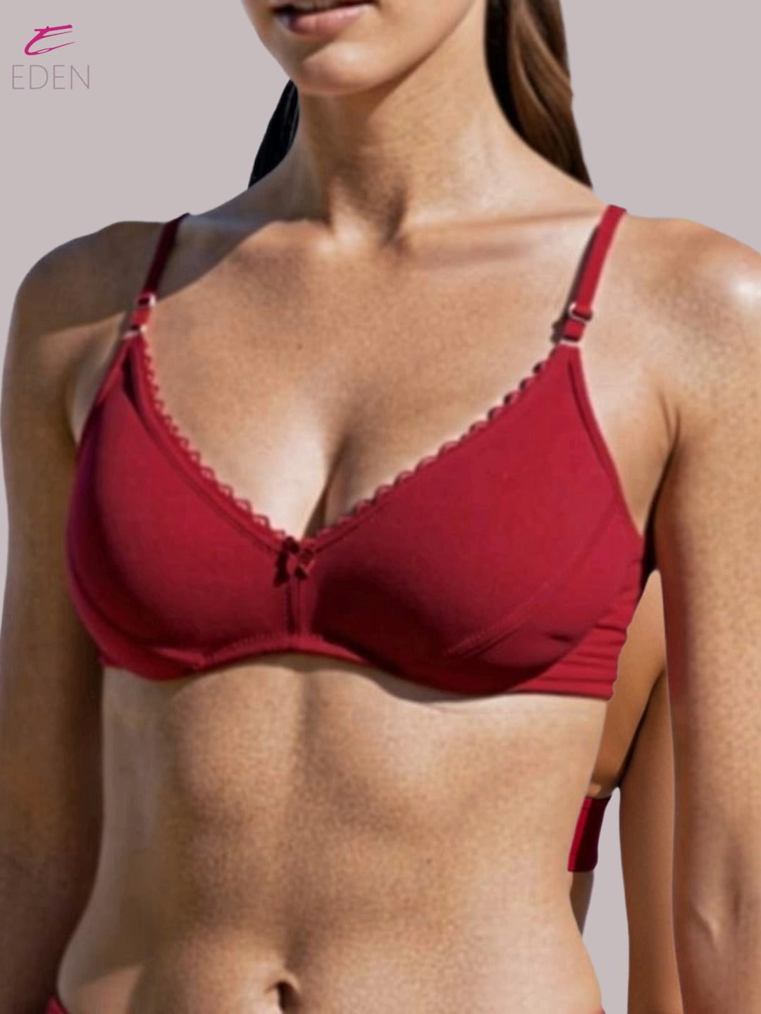 Wirefree ,Non Padded, Soft Cotton ,Medium Coverage, Tshirt Bra, Lace Styling,Red