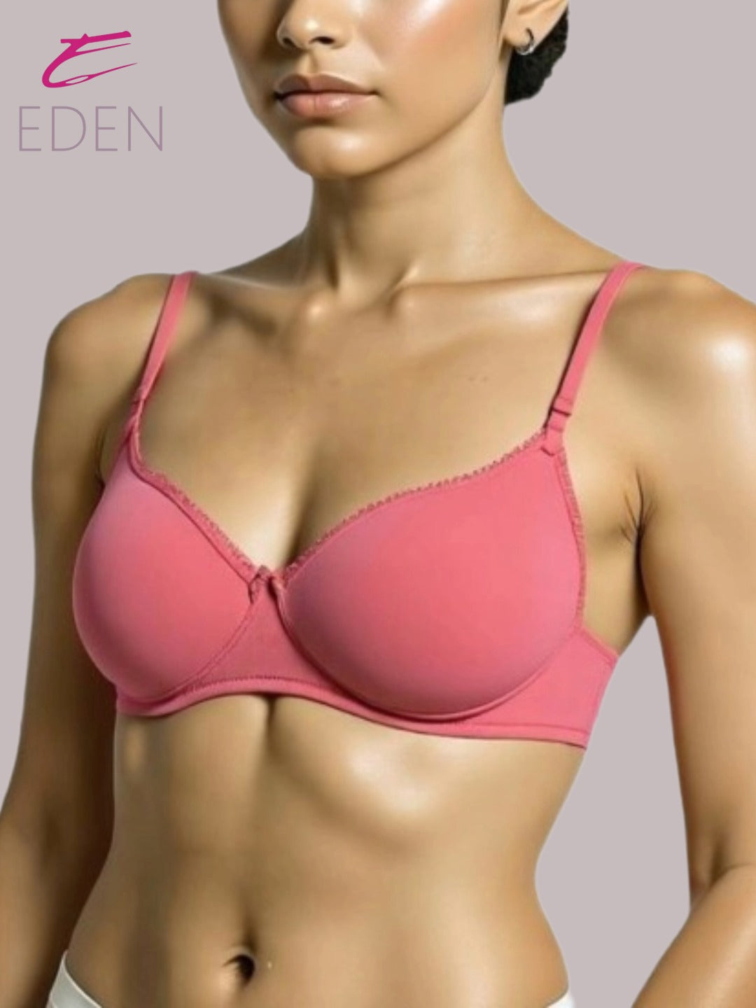 Wirefree,Padded, Plus Size, Cotton ,Medium Coverage, Tshirt Bra, Lace Styling, Dark Salmon