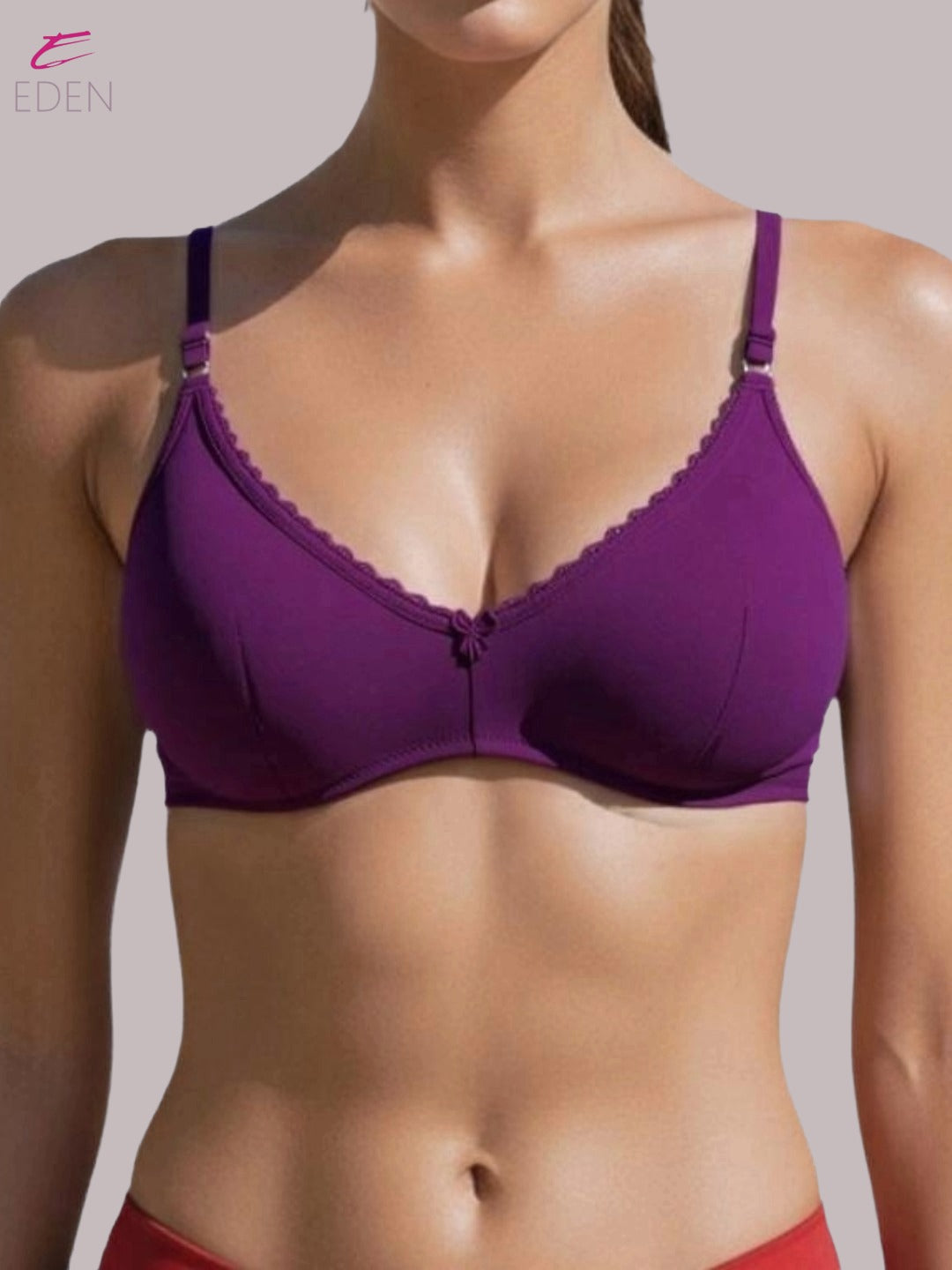 Wirefree ,Non Padded, Soft Cotton ,Medium Coverage, Tshirt Bra, Lace Styling,Wine