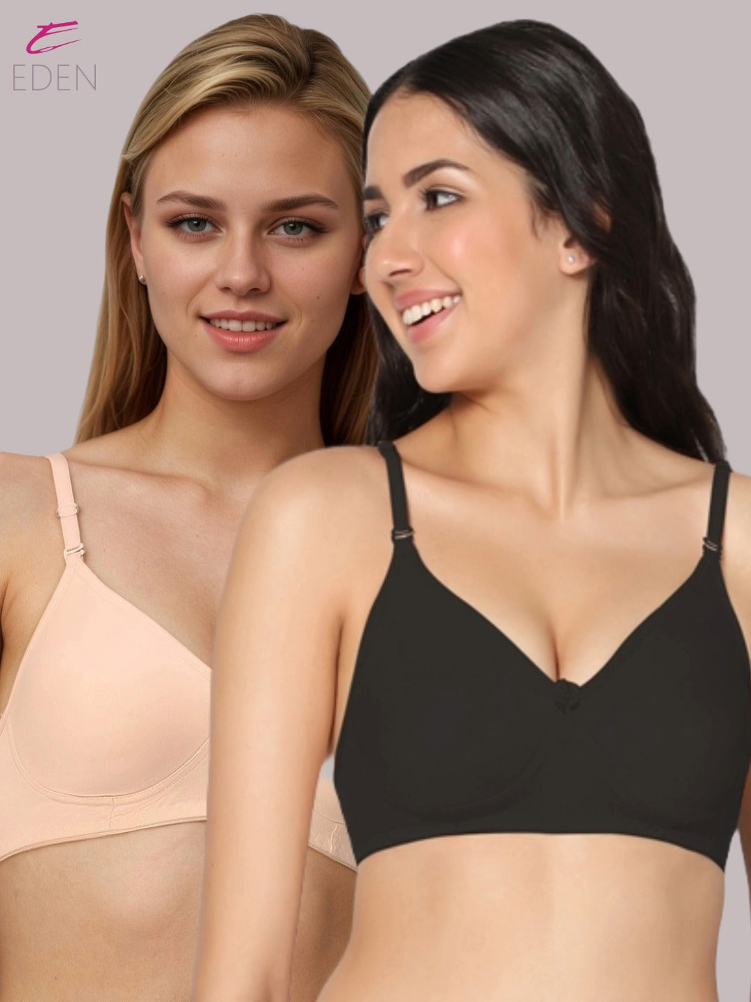 Lightly Padded, Non-Wired, Simply Soft, T-Shirt Bra ,Black-Peach