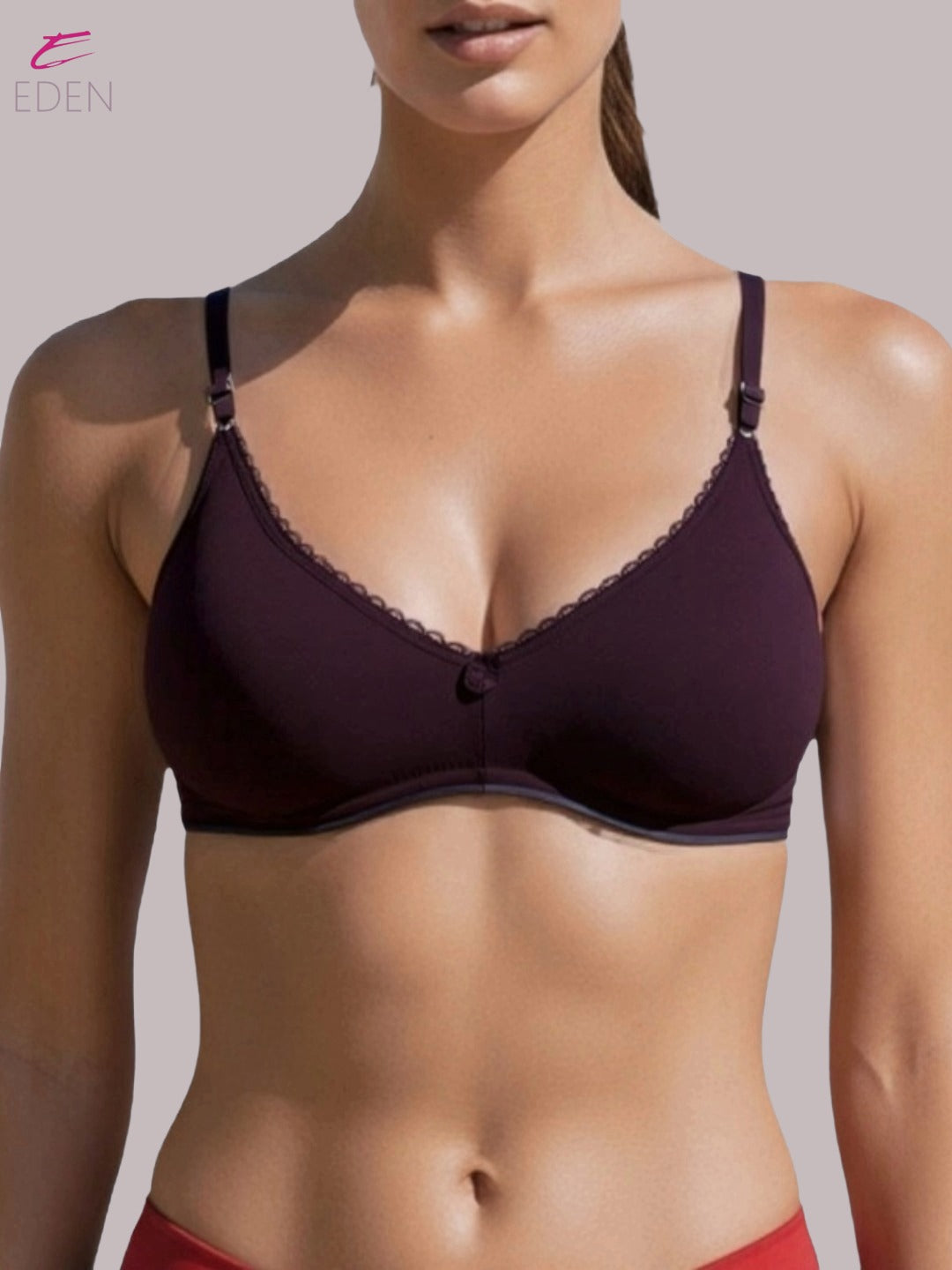 Wirefree ,Non Padded, Soft Cotton ,Medium Coverage, Tshirt Bra, Lace Styling,Coffee