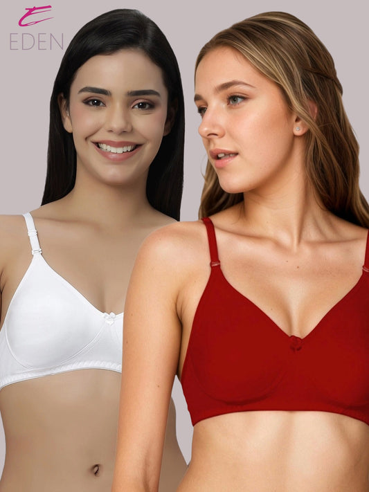 Lightly Padded, Non-Wired ,Simply Soft, T-Shirt Bra,white-Red