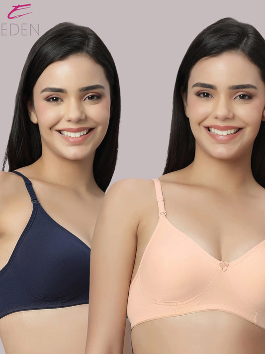 Lightly Padded, Non-Wired ,Simply Soft, T-Shirt Bra,Navyblue-peach