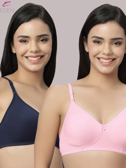 Lightly Padded, Non-Wired ,Simply Soft, T-Shirt Bra,Navyblue-Pink