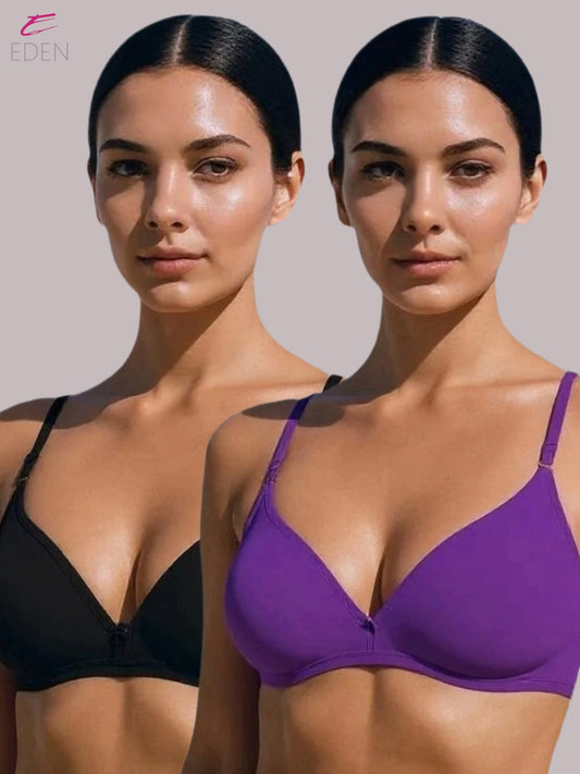 Wirefree, Non Padded, Cotton, Medium Coverage, Tshirt Bra ,Purple-Black