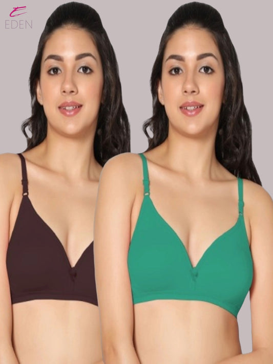 Wirefree, Non Padded, Cotton, Medium Coverage ,Tshirt Bra, Green-Coffee