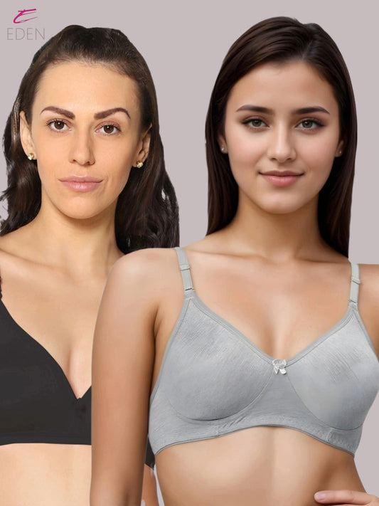 Wirefree, Non Padded, Cotton, Medium Coverage ,Tshirt Bra, Black-Grey