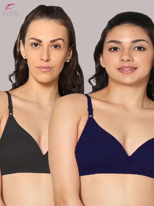 Wirefree, Non Padded, Cotton, Medium Coverage ,Tshirt Bra, Navyblue-Black