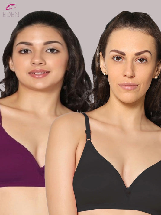 Wirefree, Non Padded, Cotton, Medium Coverage ,Tshirt Bra, Black-Wine