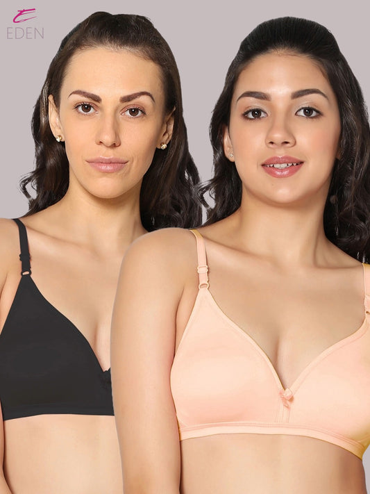 Wirefree, Non Padded, Cotton, Medium Coverage ,Tshirt Bra, Black-Skin