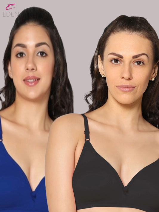 Wirefree, Non Padded, Cotton, Medium Coverage ,Tshirt Bra, Royalblue-Black