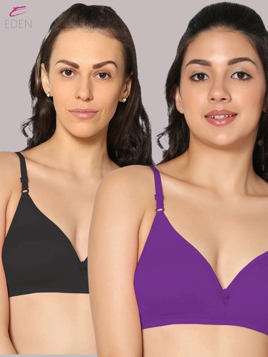 Wirefree, Non Padded, Cotton, Medium Coverage ,Tshirt Bra, Purple-Black