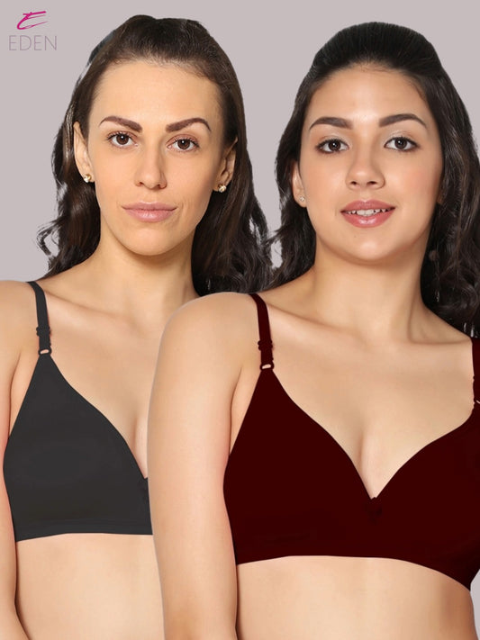Wirefree, Non Padded, Cotton, Medium Coverage ,Tshirt Bra, Black-Maroon