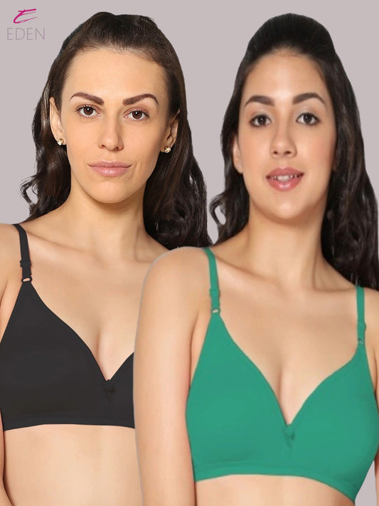 Wirefree, Non Padded, Cotton, Medium Coverage ,Tshirt Bra, Black-Green