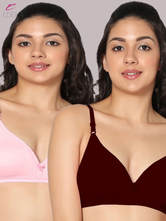 Wirefree, Non Padded, Cotton, Medium Coverage ,Tshirt Bra, Maroon-Pink