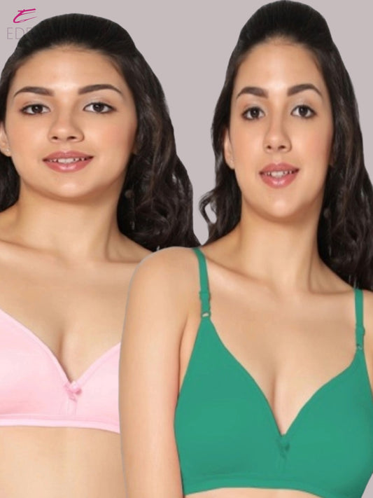 Wirefree, Non Padded, Cotton, Medium Coverage ,Tshirt Bra, Green-Pink