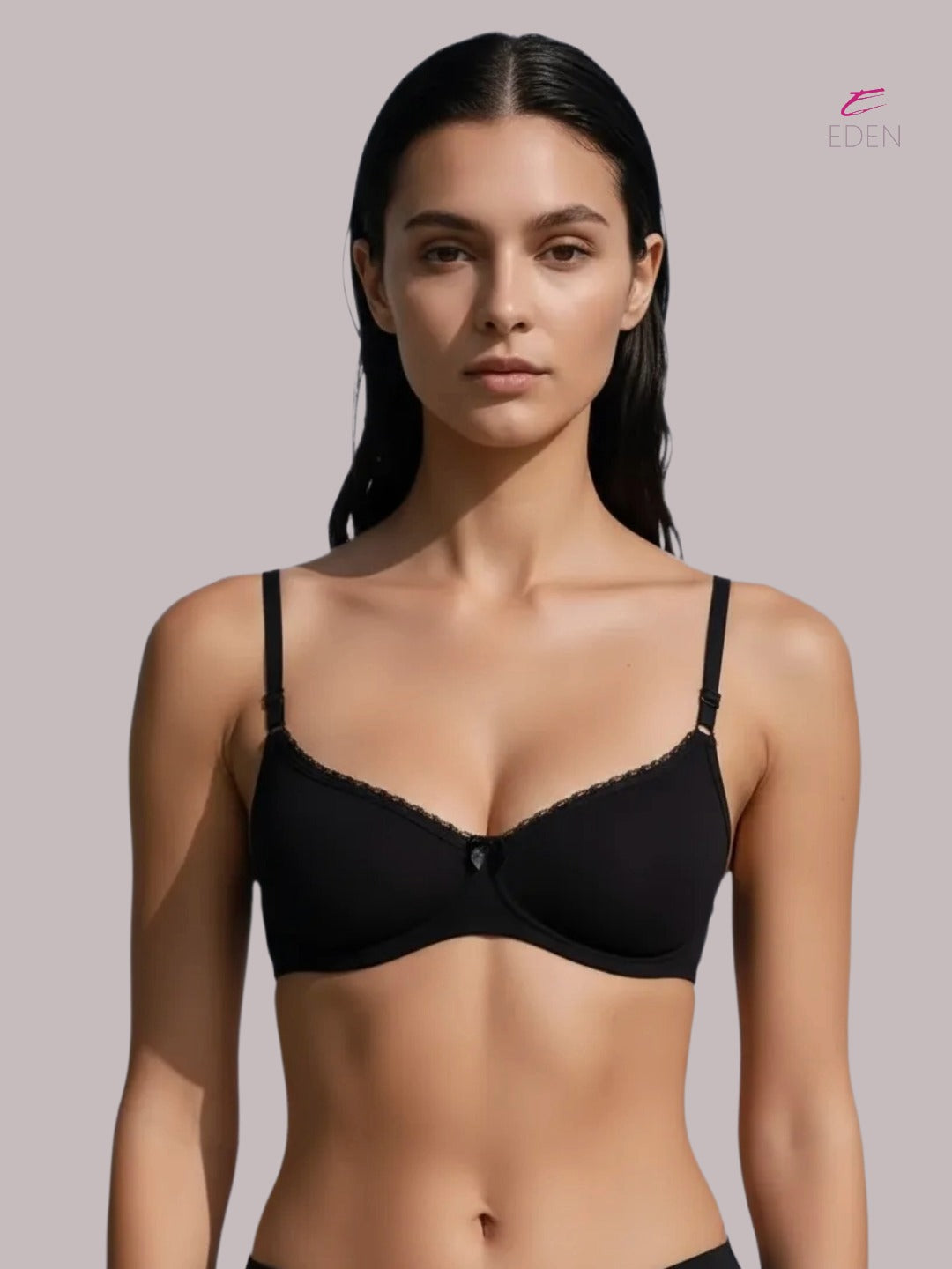 Wirefree, Padded, Plus Size, Cotton ,Medium Coverage ,Tshirt Bra, Lace Styling, Eden 109,Black