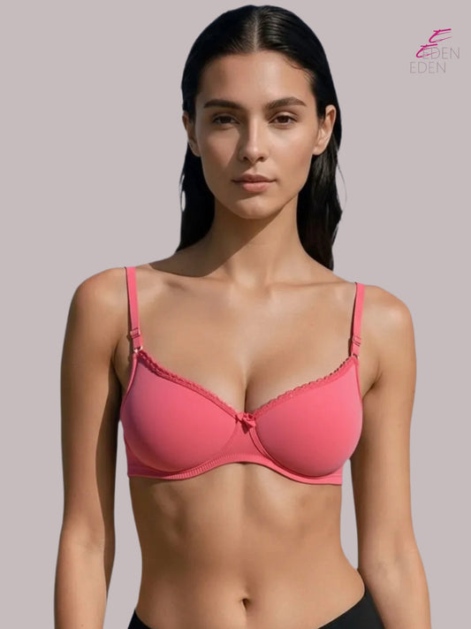 Wirefree, Padded, Plus Size, Cotton ,Medium Coverage ,Tshirt Bra, Lace Styling, Eden 109, TOMATO