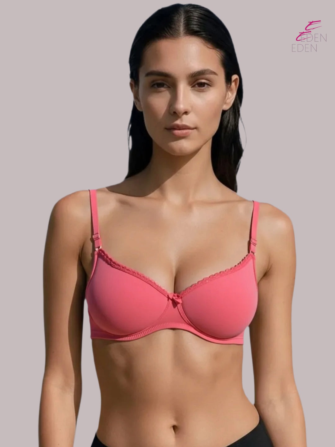 Wirefree, Padded, Plus Size, Cotton ,Medium Coverage ,Tshirt Bra, Lace Styling, Eden 109, TOMATO