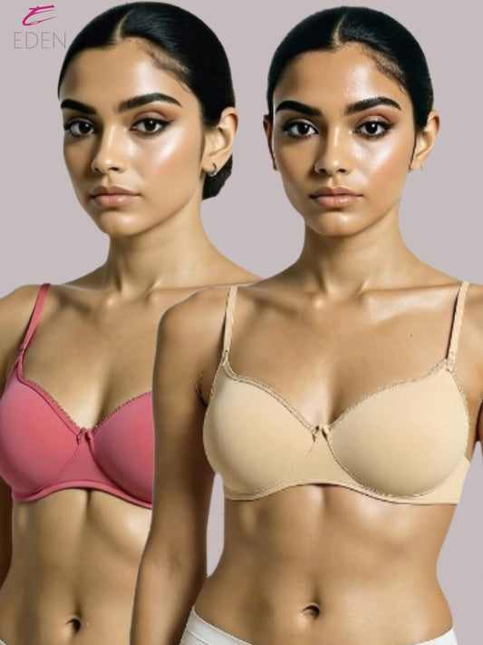 Padded, Non-wired, Plus Size, Cotton lycra, Medium Coverage, Tshirt Bra,  Lace Styling,Darksalmon-Skin