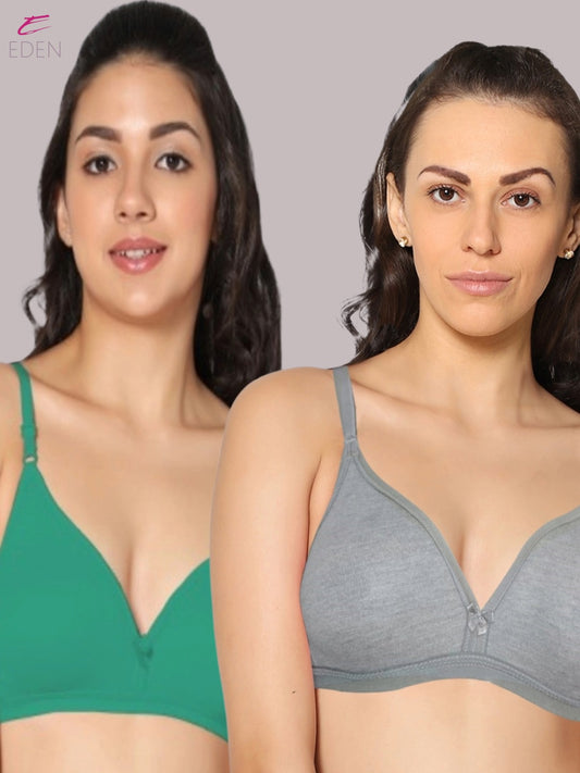 Wirefree, Non Padded, Cotton, Medium Coverage ,Tshirt Bra, Green-Mgrey