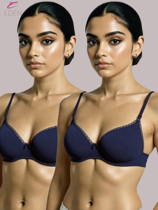 Padded, Non-wired, Plus Size, Cotton lycra, Medium Coverage ,Tshirt Bra,Lace Styling,Navyblue