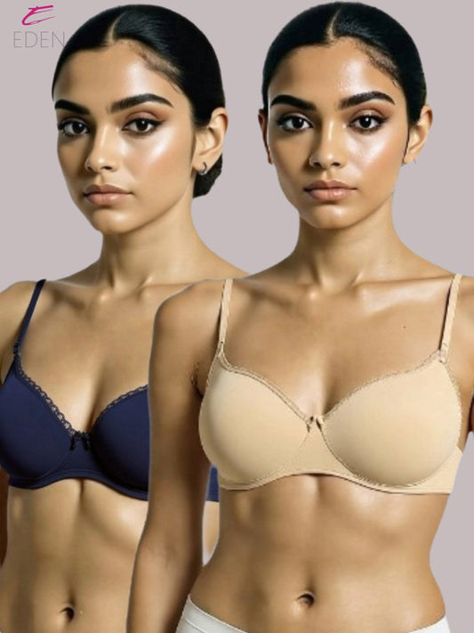 Padded, Non-wired, Plus Size, Cotton lycra, Medium Coverage, Tshirt Bra, Lace Styling ,Navyblue-Skin 