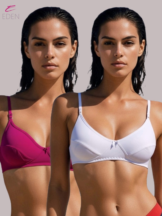 Wirefree, Non Padded, Soft Cotton ,Medium Coverage, Tshirt Bra ,Magenta-White