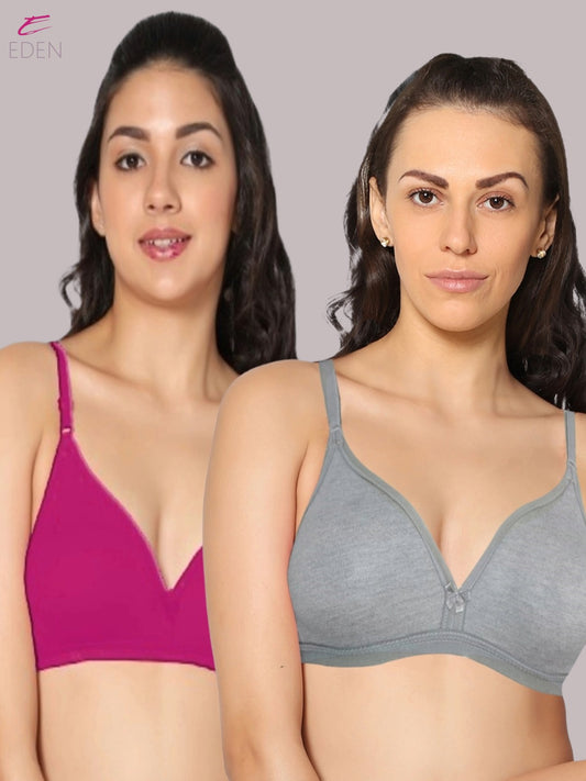 Wirefree, Non Padded, Cotton, Medium Coverage ,Tshirt Bra, Magenta-Mgrey