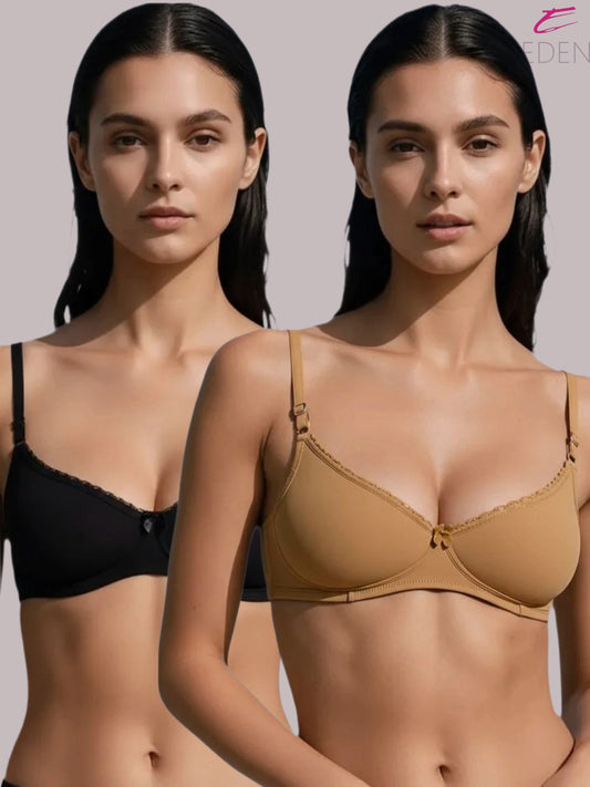 Wirefree, Padded, Plus Size, Cotton ,Medium Coverage ,Tshirt Bra, Lace Styling, Eden 109,Black-Beige