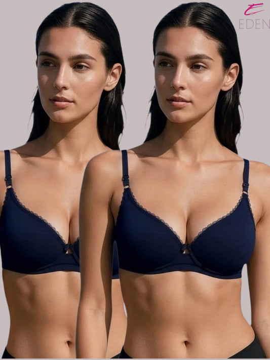 Wirefree, Padded, Plus Size, Cotton ,Medium Coverage ,Tshirt Bra, Lace Styling, Eden 109, Navyblue