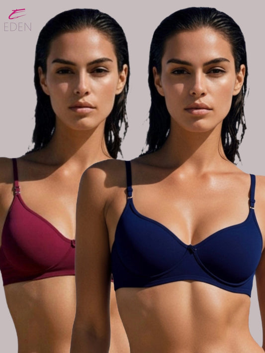 Wirefree ,Non Padded, Cotton ,Medium Coverage, Tshirt Bra ,Maroon-Navyblue