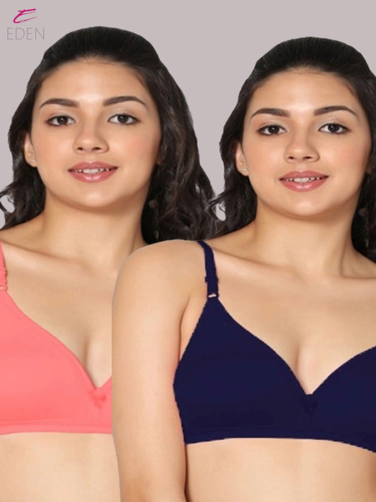Wirefree, Non Padded, Cotton, Medium Coverage ,Tshirt Bra, Navyblue-Tomato