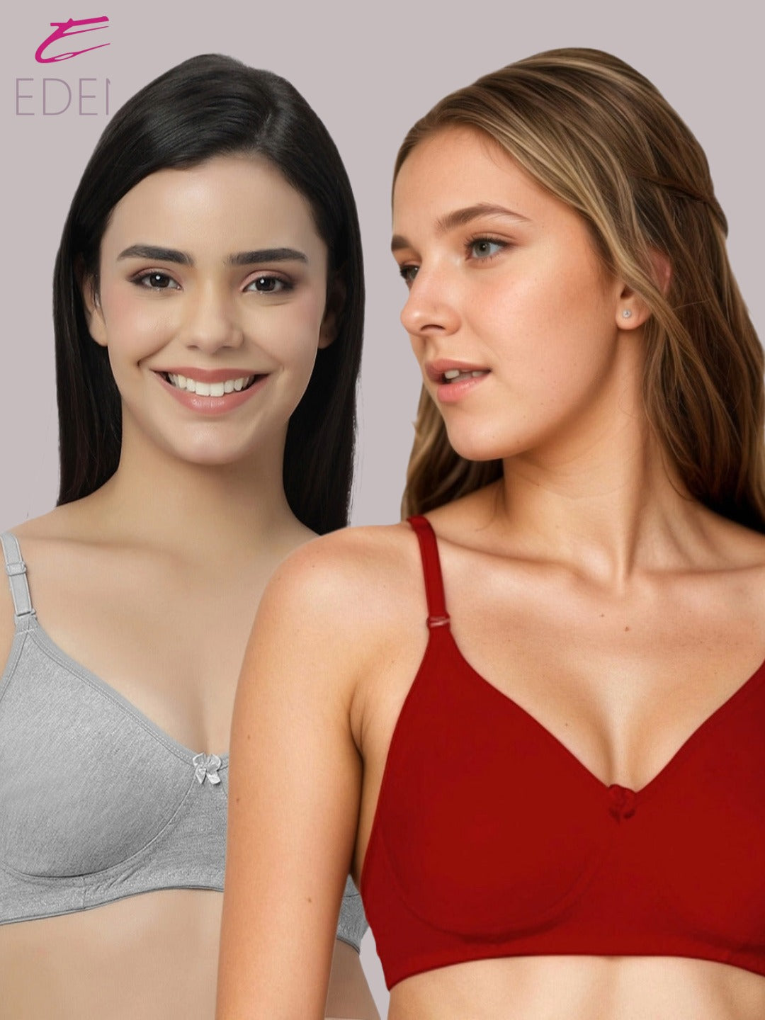 Lightly Padded, Non-Wired ,Simply Soft, T-Shirt Bra,Red-grey