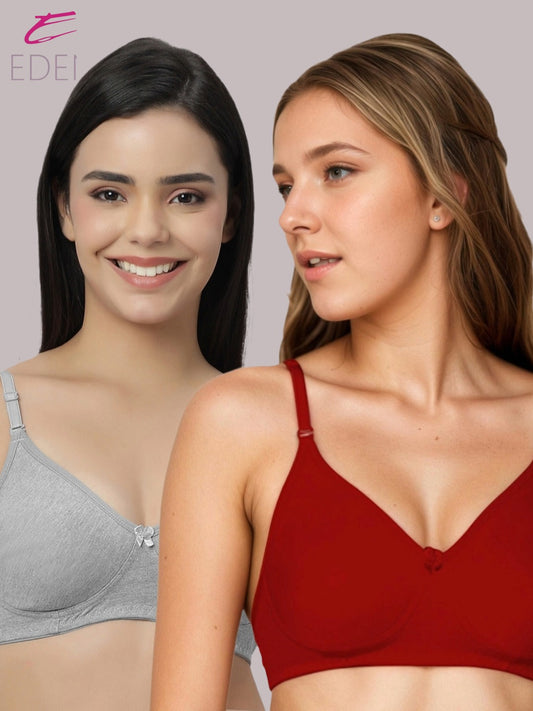Lightly Padded, Non-Wired ,Simply Soft, T-Shirt Bra,Red-grey