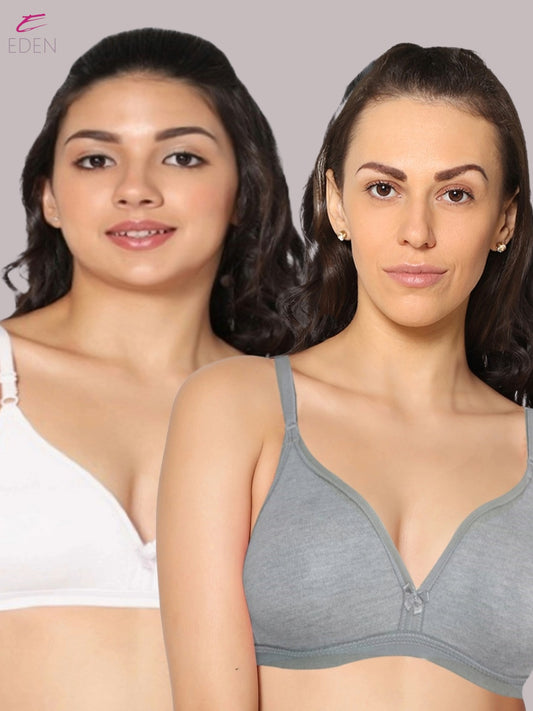 Wirefree, Non Padded, Cotton, Medium Coverage ,Tshirt Bra, White-mgrey