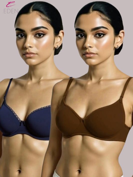 Padded, Non-wired, Plus Size, Cotton lycra, Medium Coverage, Tshirt Bra, Lace,Peat,navyblue