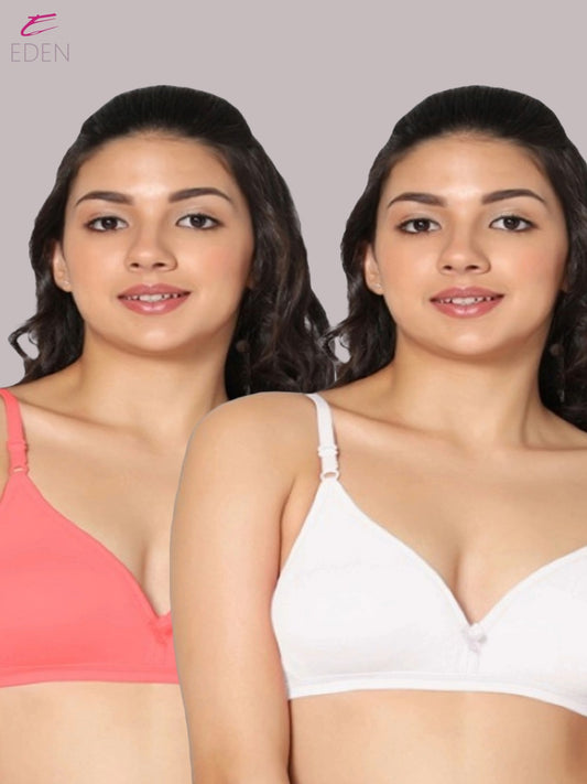 Wirefree, Non Padded, Cotton, Medium Coverage ,Tshirt Bra, Tomato-White