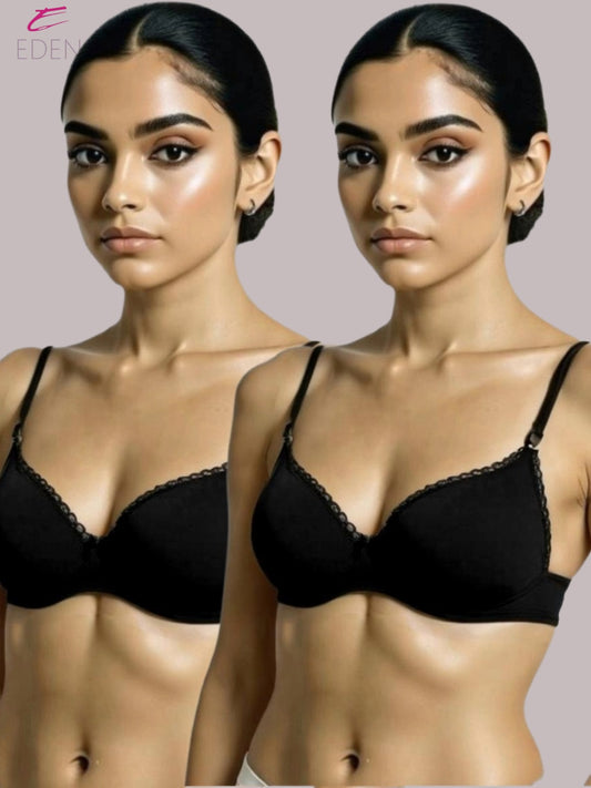 Padded, Non-wired, Plus Size, Cotton lycra, Medium Coverage, Tshirt Bra,Lace Styling ,Black