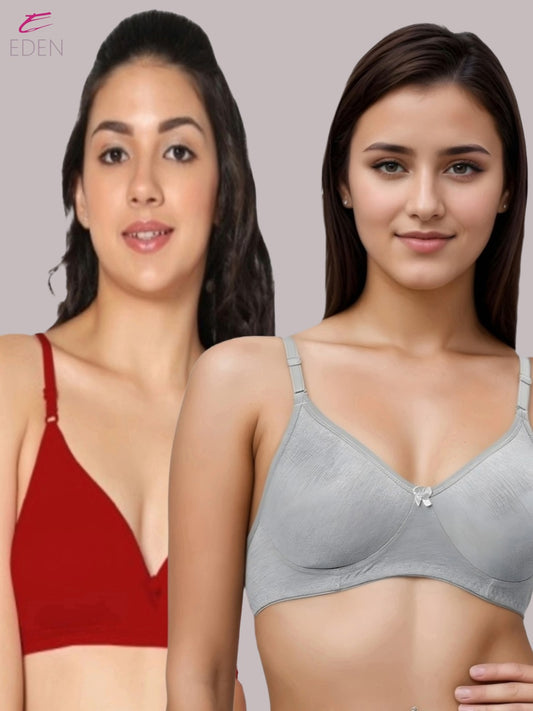 Wirefree, Non Padded, Cotton, Medium Coverage ,Tshirt Bra, Grey-Red