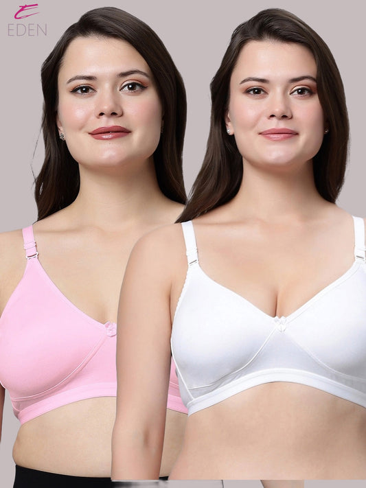 Non Padded, Plus Size, Super Combed,Cotton Stretch, Full Coverage ,Everyday Bra ,White-Pink