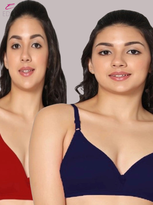 Wirefree, Non Padded, Cotton, Medium Coverage ,Tshirt Bra, Navyblue-Red