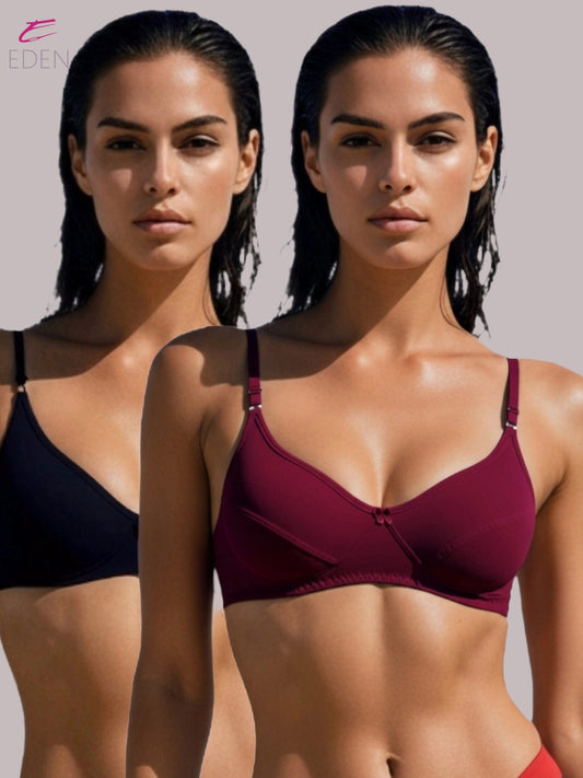 Wirefree, Non Padded, Soft Cotton ,Medium Coverage, Tshirt Bra ,Maroon-Black