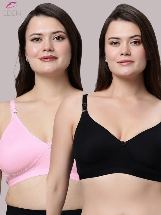 Non Padded, Plus Size, Super Combed,Cotton Stretch, Full Coverage ,Everyday Bra ,Pink-Black