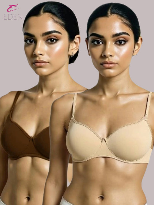 Padded, Non-wired, Plus Size, Cotton lycra, Medium Coverage, Tshirt Bra,  Lace Styling,Peat-Skin